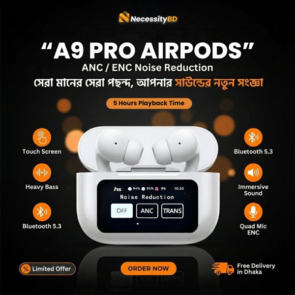 Bluetooth Earbuds Airpods A9 Pro Touch Screen Display with ANC ENC TWS Earbuds Wireless Earbuds Bluetooth Earbuds -White Color